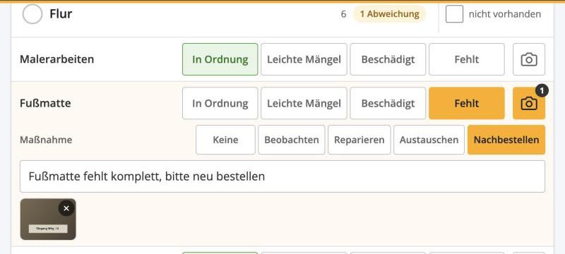 Positionszeile in der App mit Kamera-Knopf, Foto-Zähler und Vorschaubild zur Fußmatte