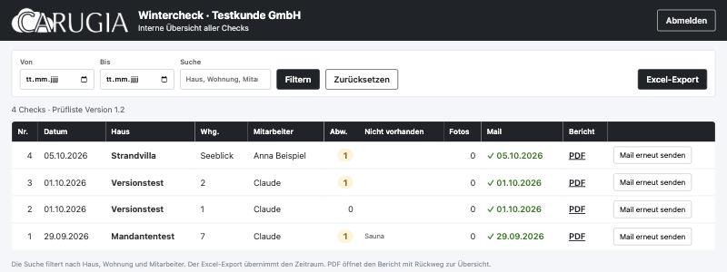 Büro-Übersicht im Browser mit allen Checks, Mailstatus und PDF-Links